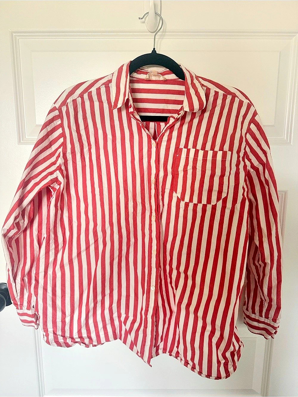 Sézane Max Shirt Striped Cotton Button-Down in Red & White Size 36